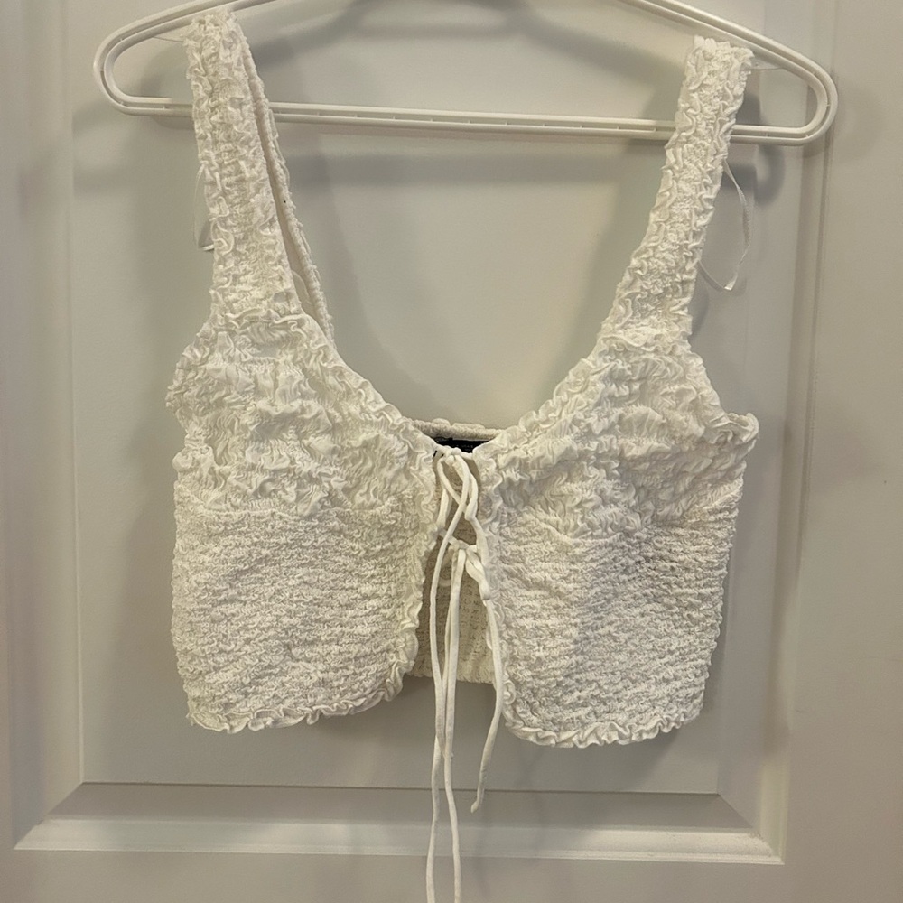 Zara Textured Lace Up Top in Oyster White - Picture 2 of 5